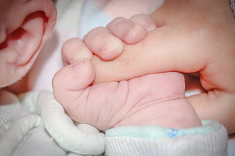 Close-up of newborn baby holding parent's finger