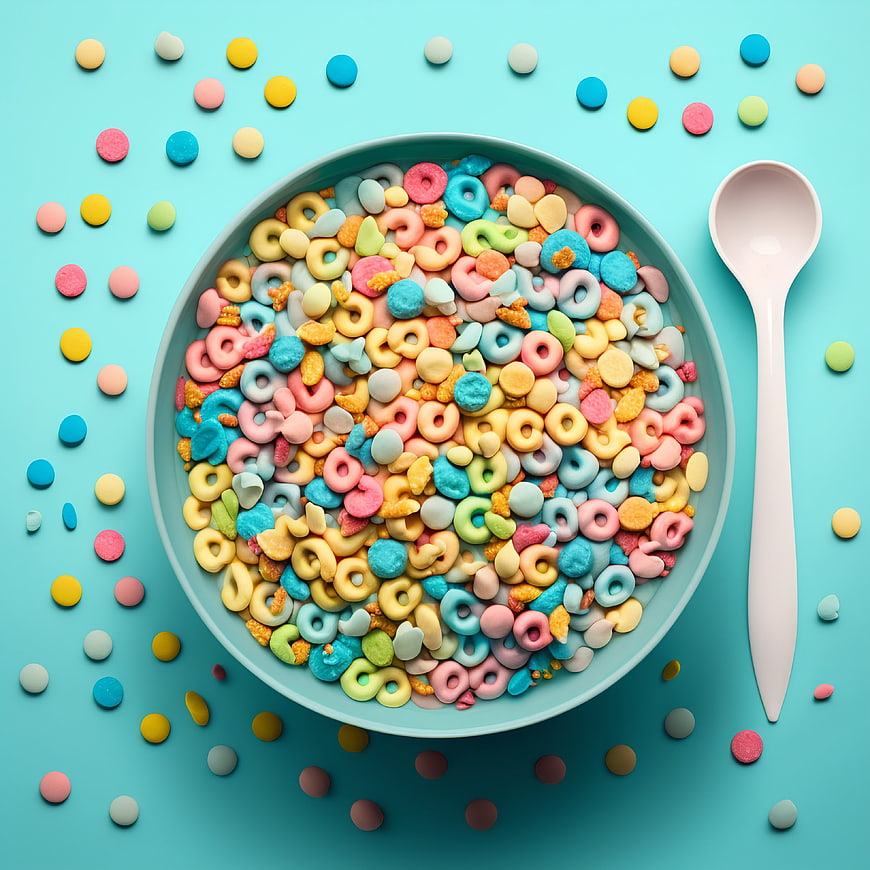 Top View of Colorful Cereal Bowl on Blue Background