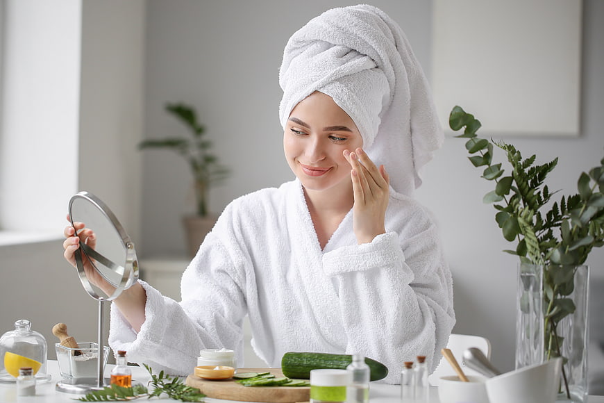 Woman applying skincare cream while looking in mirror