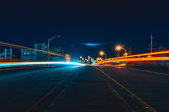 Long Exposure Night Highway with Blue and Orange Light Trails