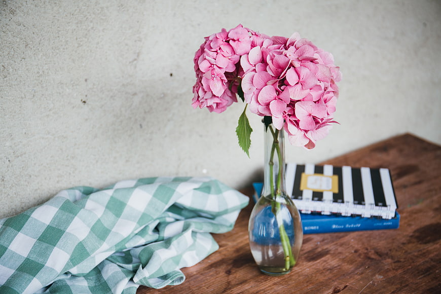 Pink hydrangeas in glass vase on wooden table with books
