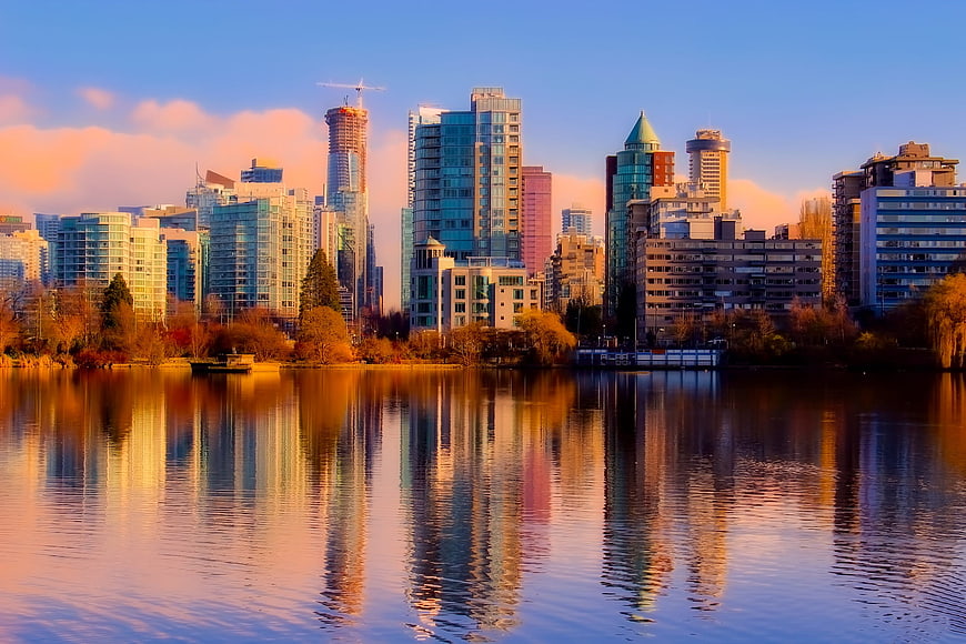 Vancouver Skyline Reflection in Sunset Water
