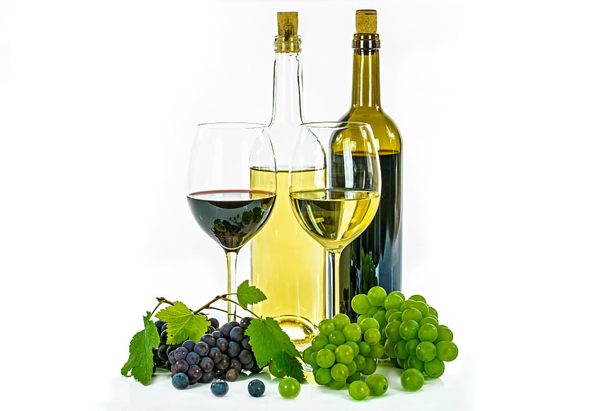 Red and White Wine Bottles with Grapes on White Background