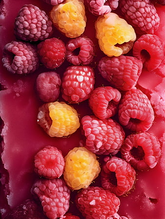Frozen Red and Yellow Raspberries in Ice Block