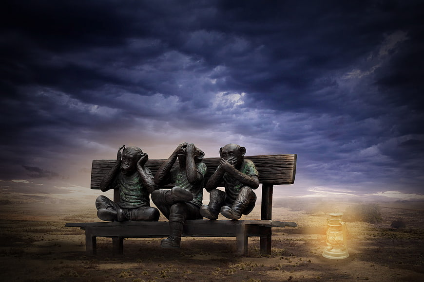 Three Wise Monkeys Sculpture on Bench with Lantern