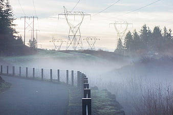 Foggy rural road with power lines and fence