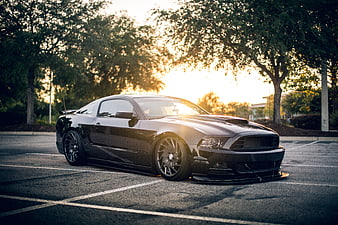 Black Modified Mustang Coupe Parked at Sunset