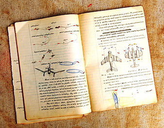 Vintage Notebook with Hand-Drawn Aerodynamics Diagrams