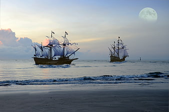 Two vintage sailing ships on a calm ocean with a large full moon