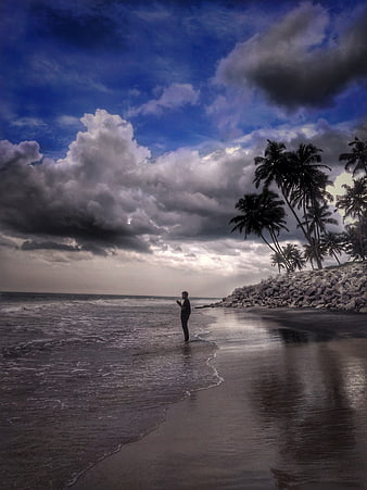 Silhouette of Man Standing on Tropical Beach with Palm Trees