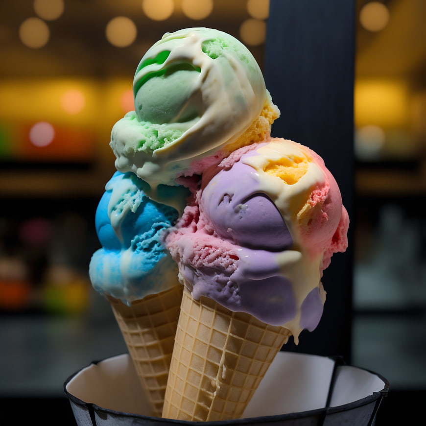 Colorful Gelato Cones with Drizzle in Bucket