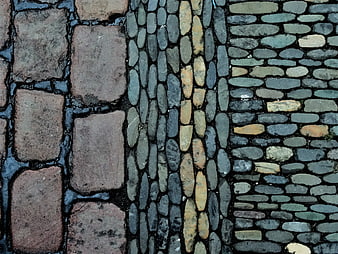 Top-down view of wet cobblestone and brick pavement texture