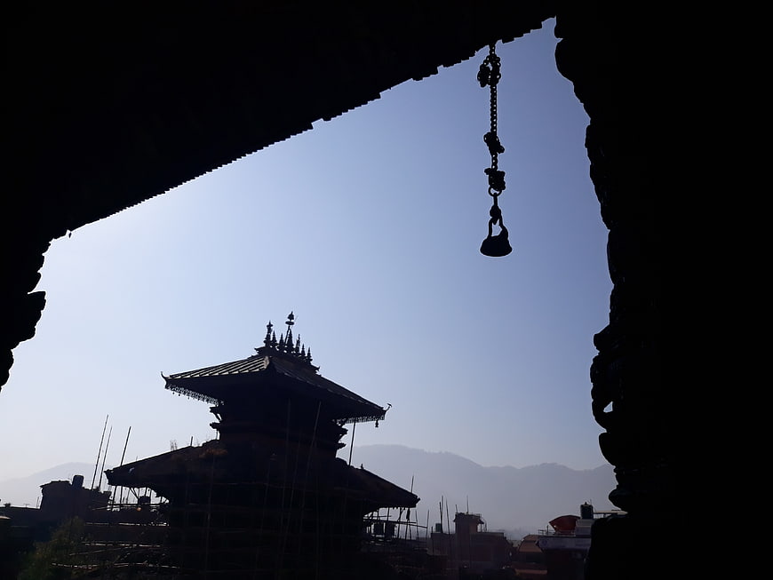 Silhouette of Nyatapola Temple in Nepal with Hanging Bell