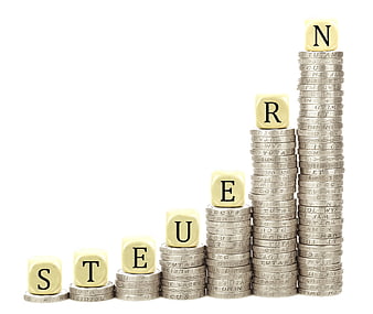 Stereogram of stacked coins and letter cubes on white background