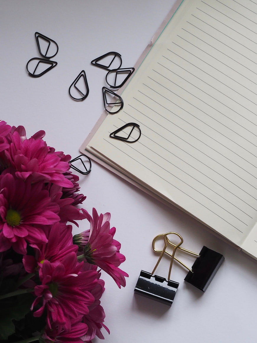 Pink Chrysanthemums, Notebook, and Office Supplies Flat Lay