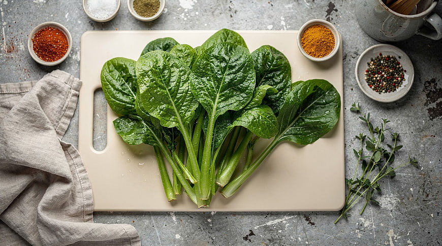 Fresh Spinach and Spices on Cutting Board Top View