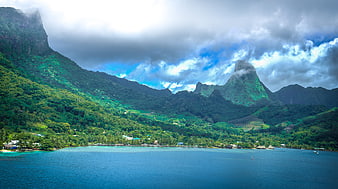 Tropical Landscape of Moorea Island with Lagoon and Mountains