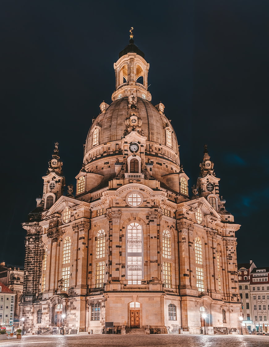 Illuminated Dresden Frauenkirche Cathedral at Night in Germany