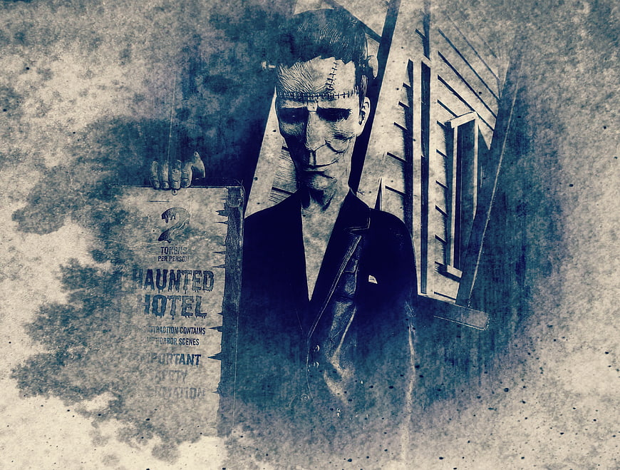 Vintage Frankenstein Monster Haunted Hotel Illustration