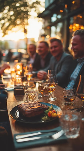 Friends Dining Outdoors with Steak and Whiskey at Sunset