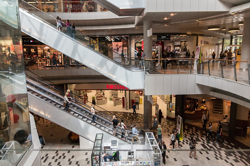 High angle view of busy multi-level shopping mall interior