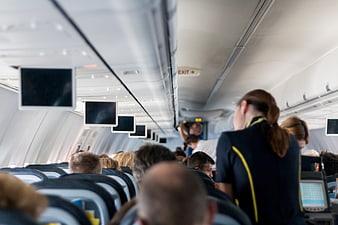 Airline Cabin Interior With Flight Attendant And Seated Passengers
