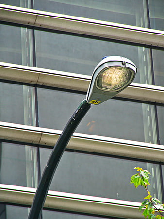 Modern Street Lamp Against Glass Building Facade