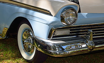 Close-up of Classic Light Blue Vintage Car Front