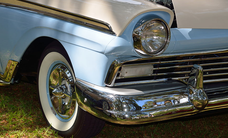 Close-up of Classic Light Blue Vintage Car Front