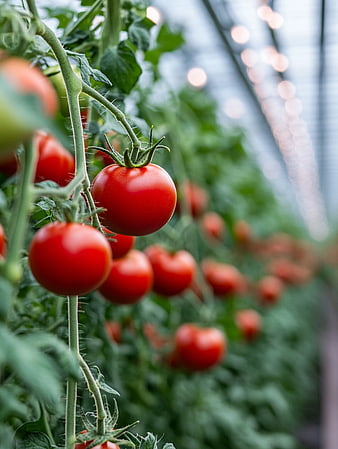 Ripe Red Tomatoes Growing on Vine in Greenhouse
