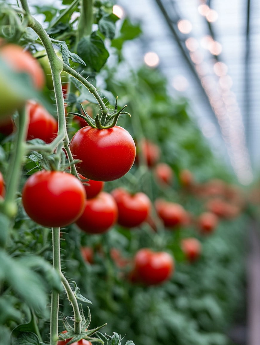 Ripe Red Tomatoes Growing on Vine in Greenhouse