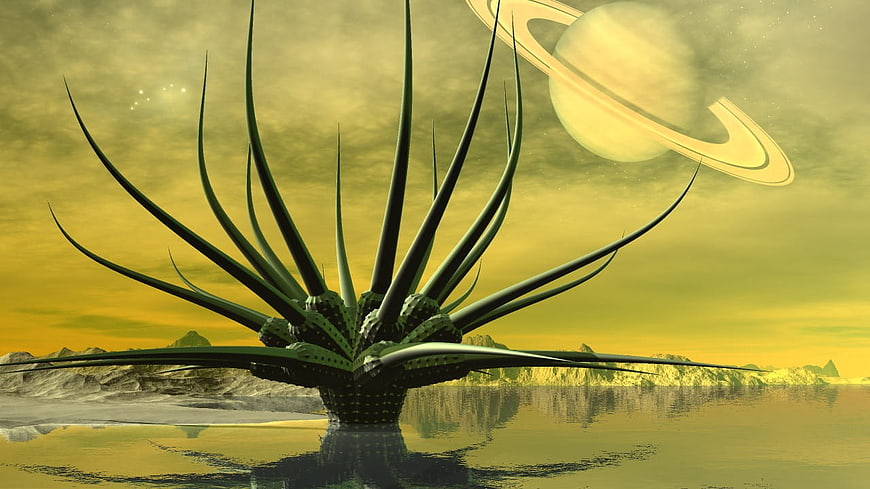 Alien Plant On Distant Planet Surface With Ringed Planet In Sky