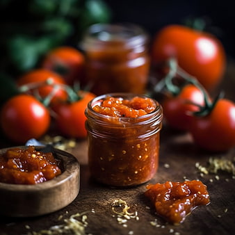 Homemade Tomato Jam in Glass Jars with Fresh Tomatoes