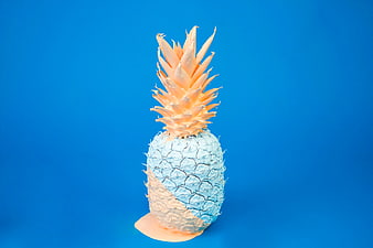 Artistic Blue and Peach Painted Pineapple on Blue Background