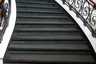 Elegant Carpeted Staircase with Ornate Iron Railing