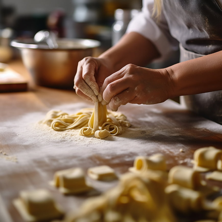 Hands making fresh pasta dough on wooden table