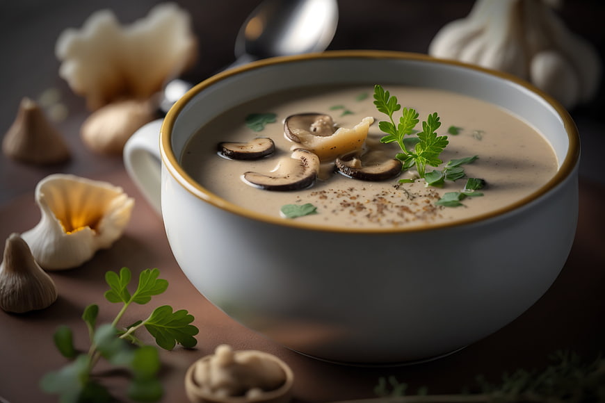 Creamy Mushroom Soup in White Bowl with Garlic and Herbs