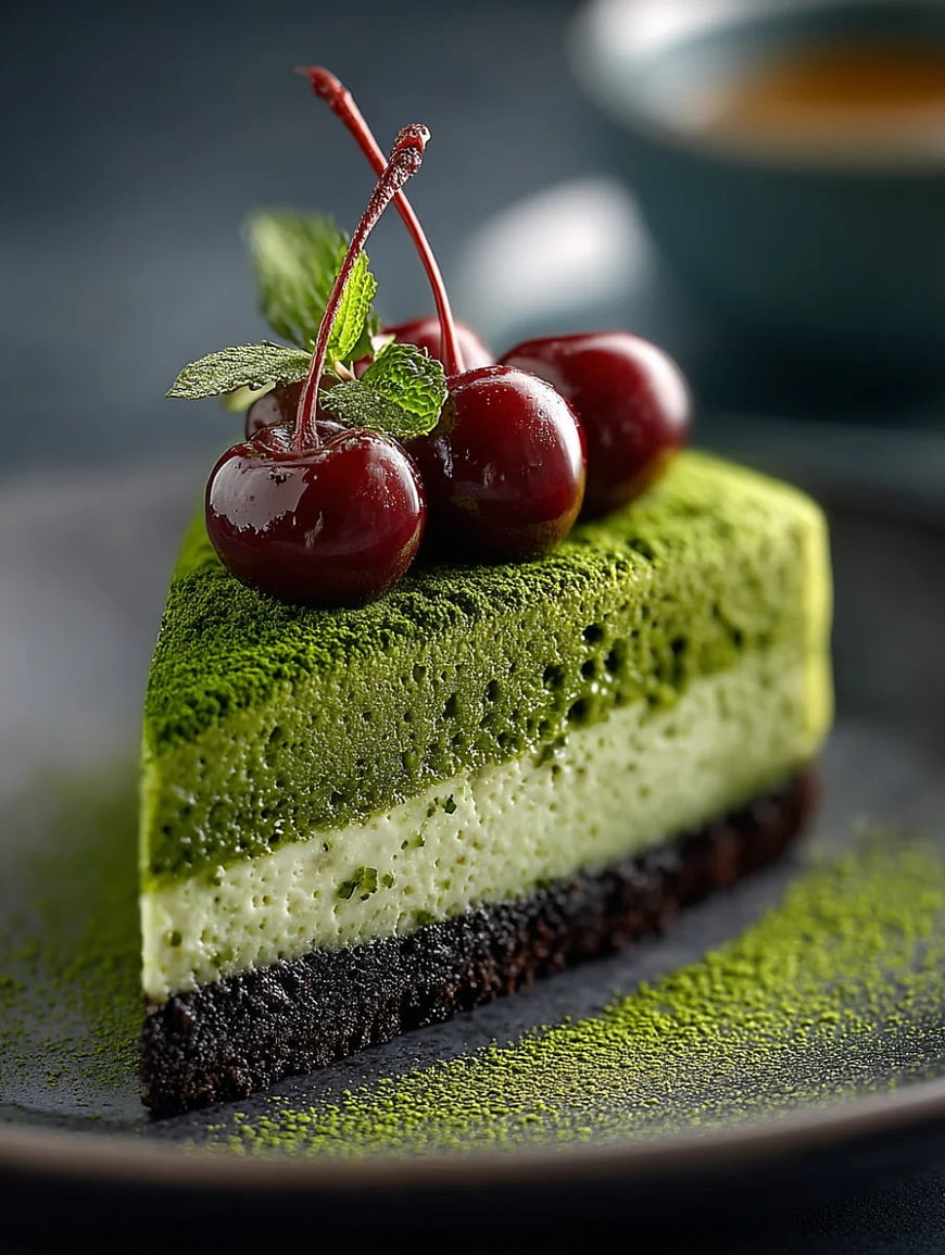Matcha Cheesecake Slice with Cherries and Mint Garnish