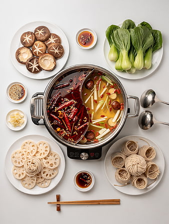 Top View of Spicy Hot Pot with Fresh Vegetables and Noodles