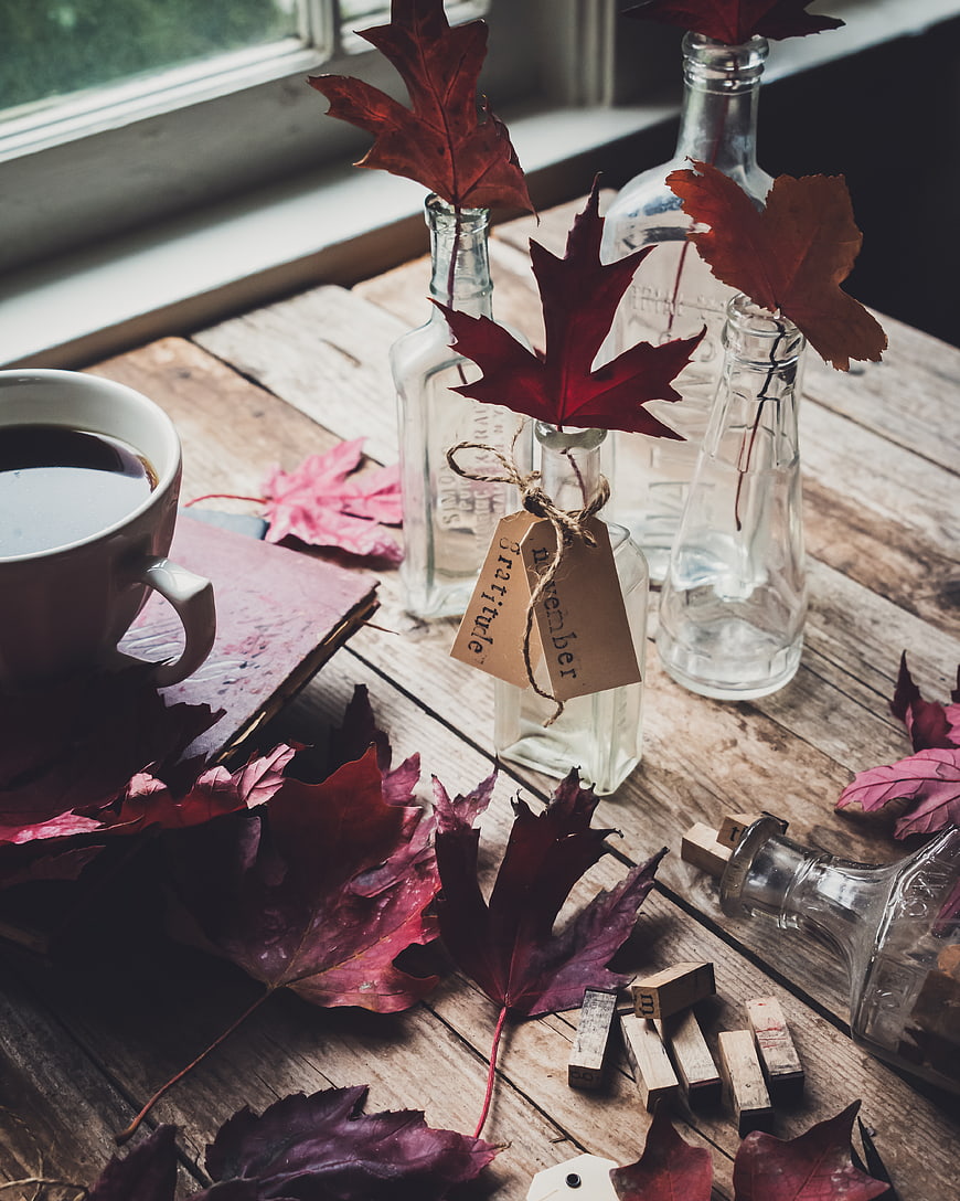 Rustic Autumn Still Life with Coffee and Maple Leaves