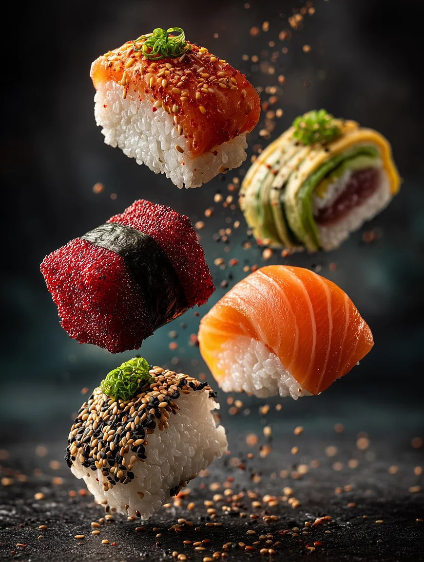 Floating Assorted Sushi Pieces with Sesame and Wasabi