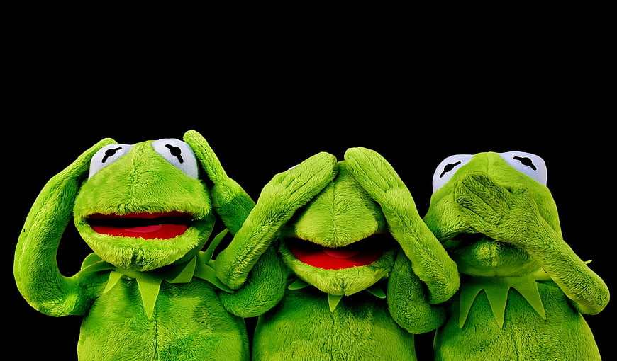 Three Kermit the Frog plush toys acting see no evil, hear no evil, speak no evil