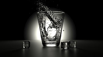 Dynamic Splash of Water Pouring into Glass with Ice Cubes