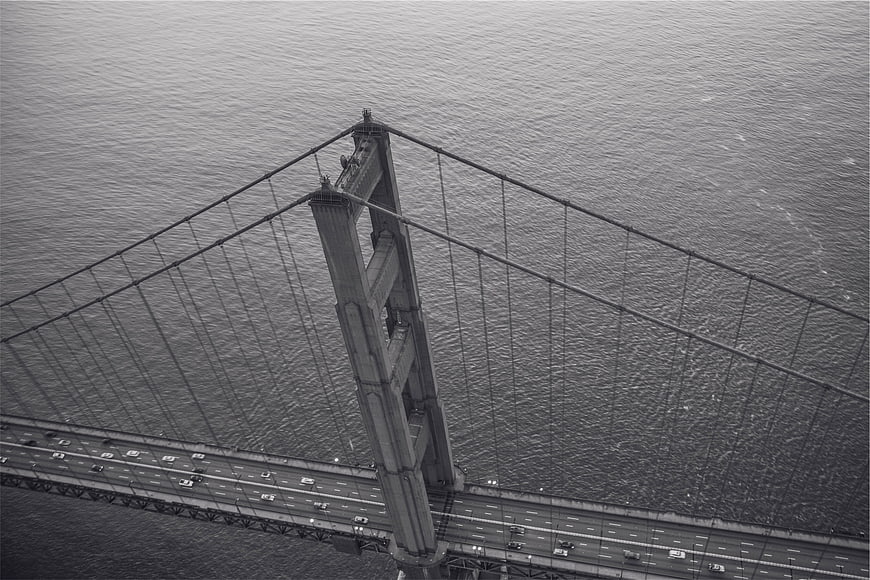 Aerial Black and White View of Golden Gate Bridge Tower