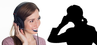 Smiling woman with headset and silhouette on white background