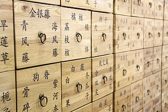 Traditional Chinese Medicine Wooden Drawer Cabinet With Calligraphy