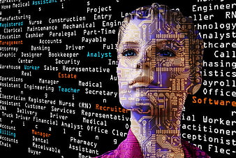 Woman with Circuit Board Face and Job Titles on Black Background