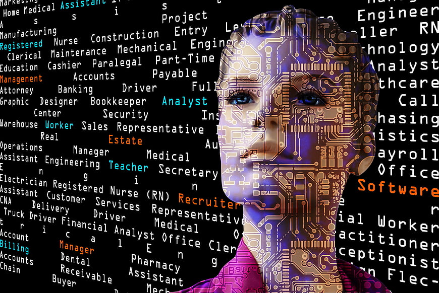 Woman with Circuit Board Face and Job Titles on Black Background