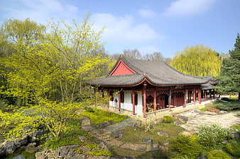 Traditional Chinese Pavilion in Spring Garden