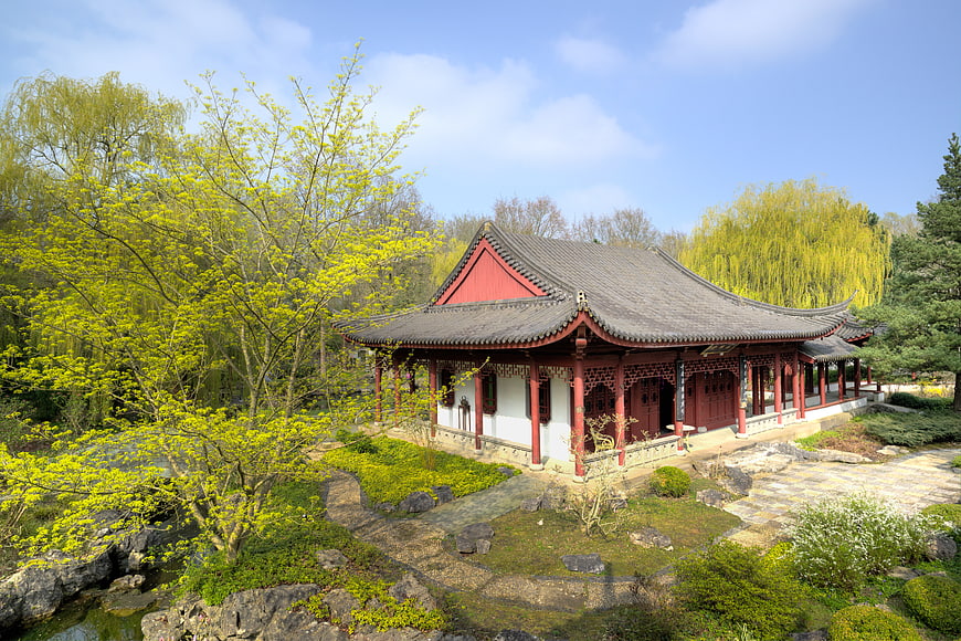 Traditional Chinese Pavilion in Spring Garden
